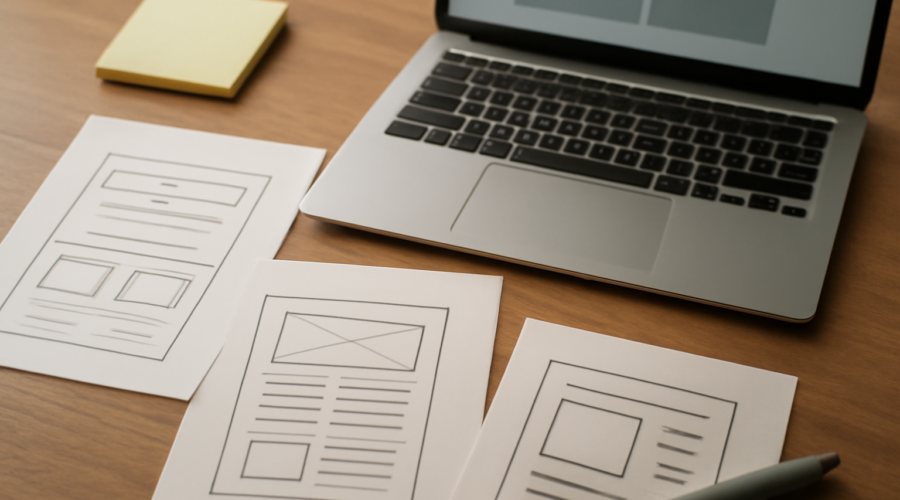 Sketsa wireframe low-fidelity di atas kertas dengan spidol dan sticky notes di meja kerja