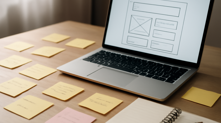Meja kerja peneliti UX dengan catatan tempel dan laptop menampilkan wireframe