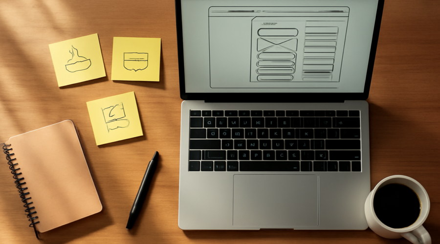 Meja desainer dengan laptop berisi wireframe antarmuka dan catatan alur pengguna