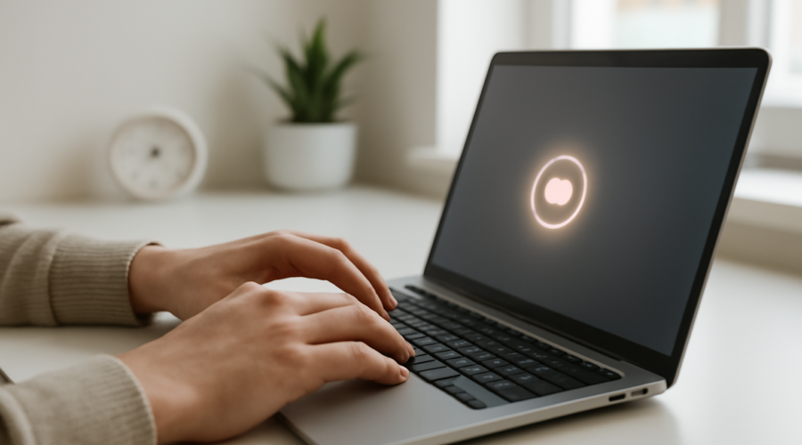 Tangan mengetik di laptop dengan cincin fokus yang terlihat jelas pada tombol di layar